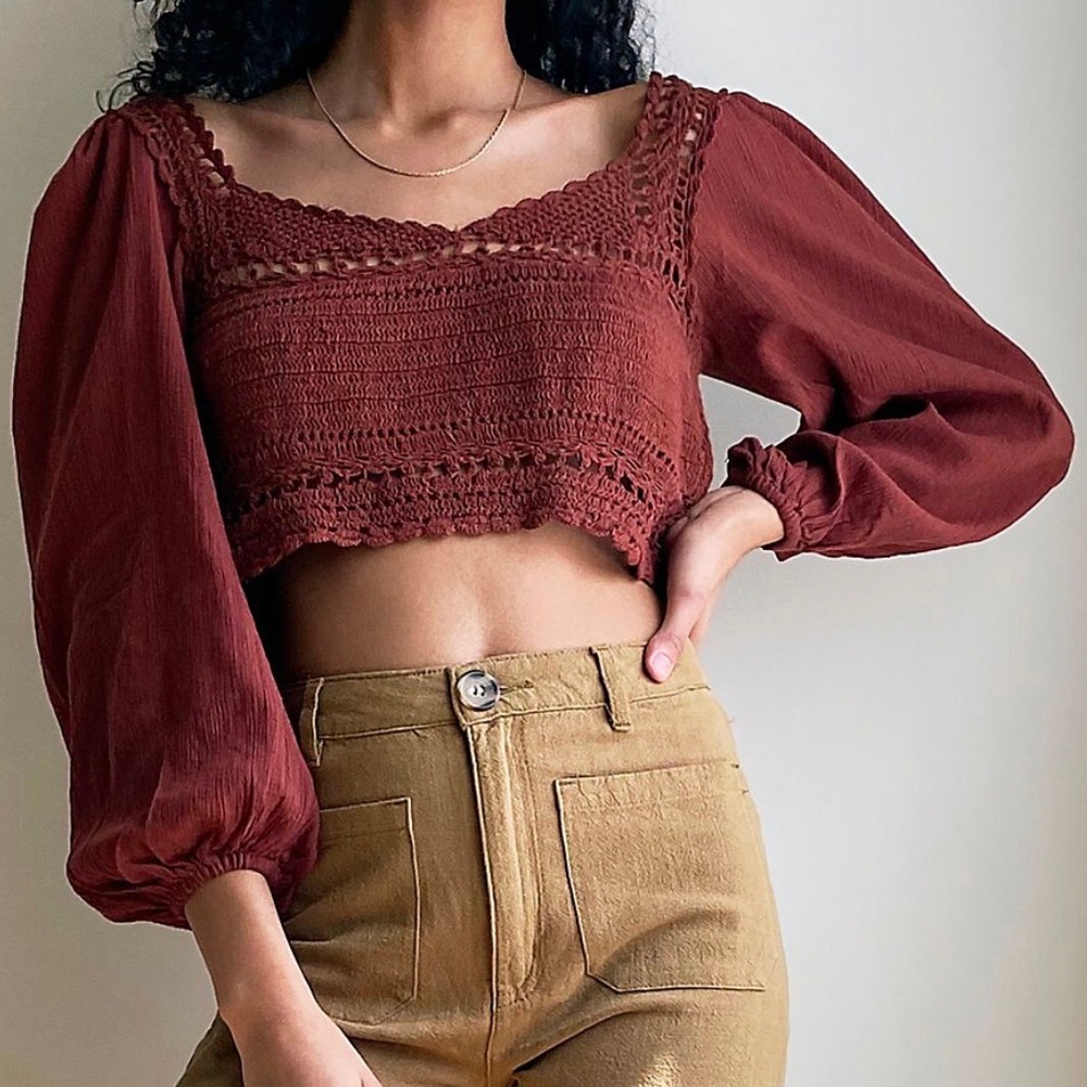 Free People Cropped Crochet Long-sleeve Top